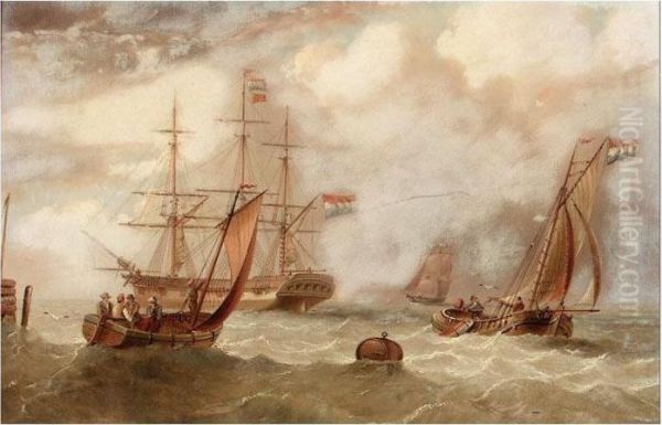 Dutch Man-o'-war With Sailing Barges In The Foreground Oil Painting by Edward King Redmore