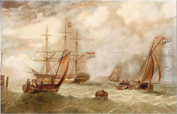 Dutch Man O' War With Sailing Barges In The Foreground Oil Painting by Edward King Redmore