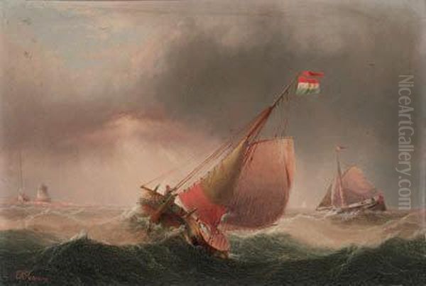 A Fishing Boat And Other 
Shipping In Choppy Waters; And A Dutchbarge In Choppy Waters, A 
Lighthouse Beyond Oil Painting by Edward King Redmore