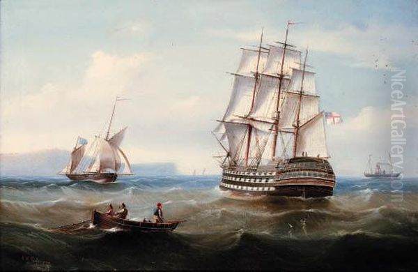 A Three-decker Man-o'war Running Along The Coast Oil Painting by Edward King Redmore