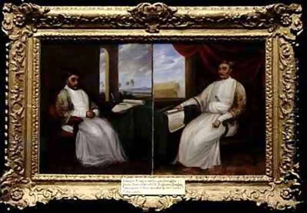 Portraits of the Parsi Master Shipbuilders Jamsetjee Bomanjee 1756-1821 and his son Nourojee Jamsetjee 1774-1860 Bombay Oil Painting by J. Dorman