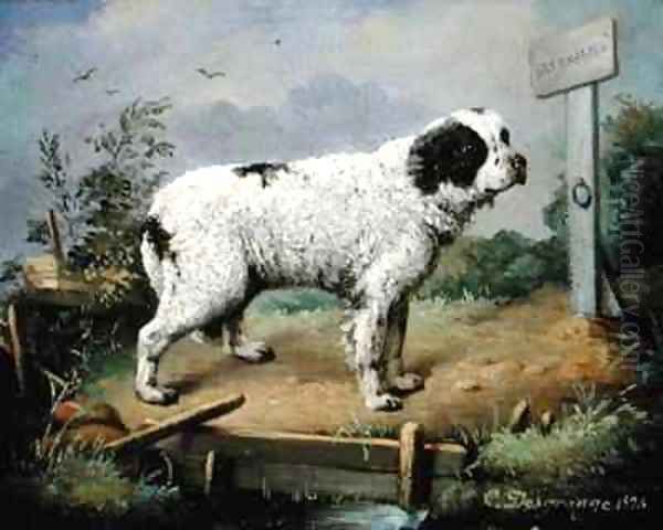 A Newfoundland on an Embankment Oil Painting by Jean-Baptiste Desgrange