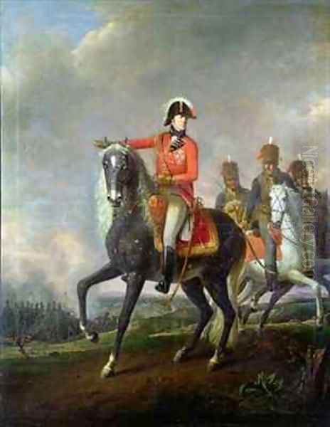 Equestrian portrait of the Duke of Wellington with British Hussars on a battlefield Oil Painting by Nicolas Louis Albert Delerive