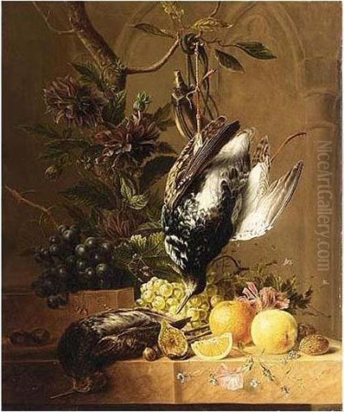 A Still Life Of Fruit, Flowers And Birds Oil Painting by Hendrik Reekers