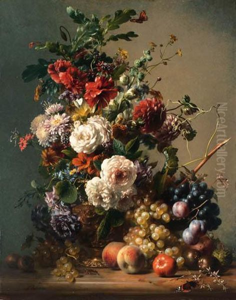 Dahlias, Nasturtiums, Bourbon 
Roses, Poppies, Astras And Buttercupsin A Copper Ewer With Plums, Grapes
 And Peaches On A Marbleledge Oil Painting by Hendrik Reekers