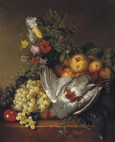 Poultry, Fruit And Flowers On A Ledge Oil Painting by Johannes Jun Reekers