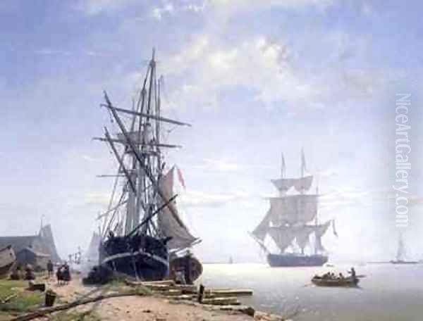 Ships in a Dutch Estuary Oil Painting by W.A. van Deventer