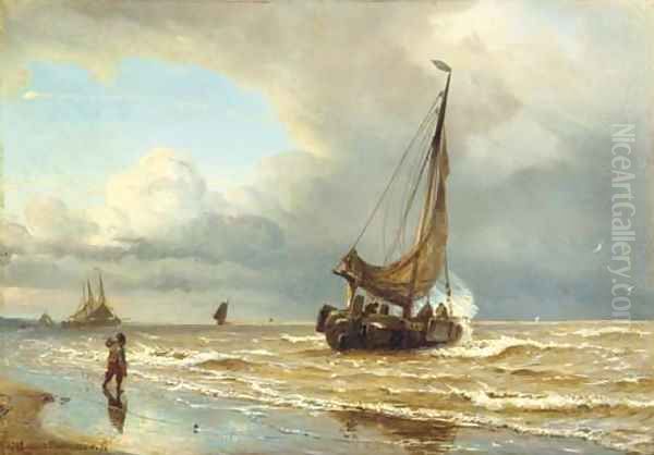 Sailing vessels in the surf Oil Painting by W.A. van Deventer