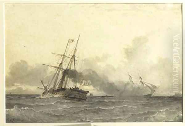 A steamship in open water Oil Painting by W.A. van Deventer