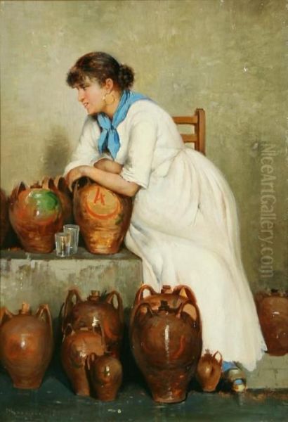 Lady With A Water Jug Oil Painting by Vittorio Reggianini