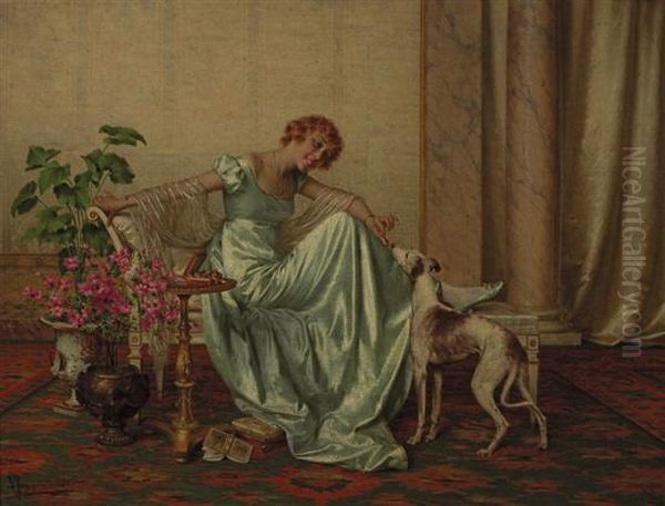 A Treat For Her Dog Oil Painting by Vittorio Reggianini