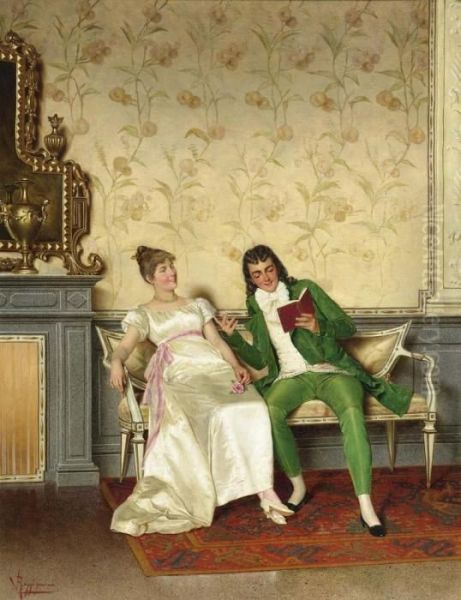 A Pair Of Lovers Reading. Oil Painting by Vittorio Reggianini