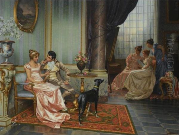 Interior With Elegant Figures Oil Painting by Vittorio Reggianini