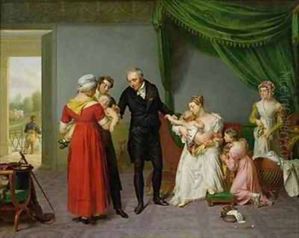 Baron Jean Louis Alibert 1768-1837 performing the vaccination against smallpox in the Chateau of Liancourt Oil Painting by Constant Joseph Desbordes