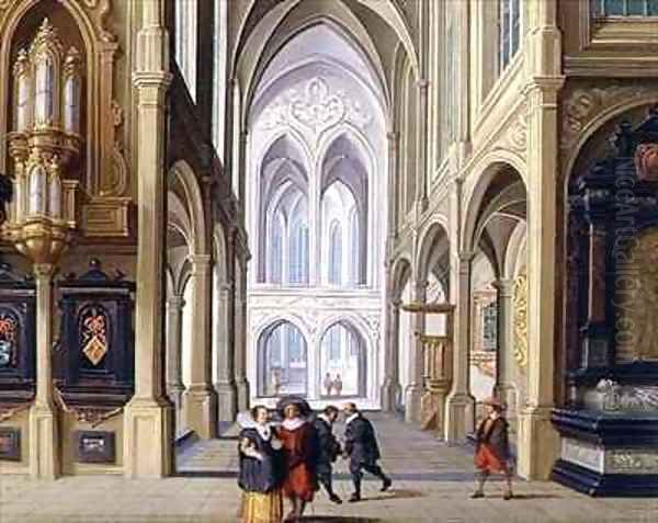 Elegant Figures in a Gothic Church Oil Painting by Dirck van Deelen