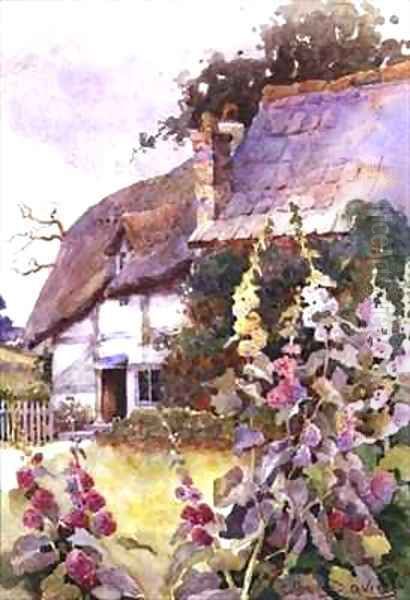 Hollyhocks Outside a Thatched Cottage Oil Painting by Ethel Davies