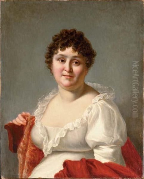 Portrait Of Madame Regnault, Bust-length, In A White Dress And Persimmon Shawl Oil Painting by Jean-Baptiste Regnault