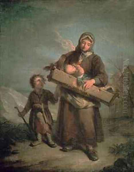 Poor Woman with Children Oil Painting by Jacques (Le Romain) Dumont