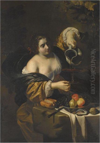 A Young Woman Pouring Red Wine 
From A Pitcher Into A Glass, A Stilllife Of Grapes, A Pear And Apples On
 A Silver Platter, A Knife Andbread-roll, And Oysters Nearby Oil Painting by Niccolo Renieri (see Regnier, Nicolas)