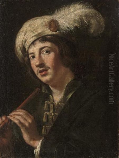 A Man Holding A Flute Oil Painting by Niccolo Renieri (see Regnier, Nicolas)