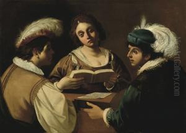 Due Giovani E Una Fanciulla Oil Painting by Niccolo Renieri (see Regnier, Nicolas)