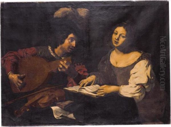 A Musician Playing A Lute To A Singing Girl Oil Painting by Niccolo Renieri (see Regnier, Nicolas)