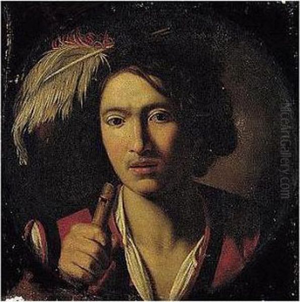 A Portrait Of A Young Man, Head And Shoulders, Wearing A Plumed Hat And Holding A Flute Oil Painting by Niccolo Renieri (see Regnier, Nicolas)