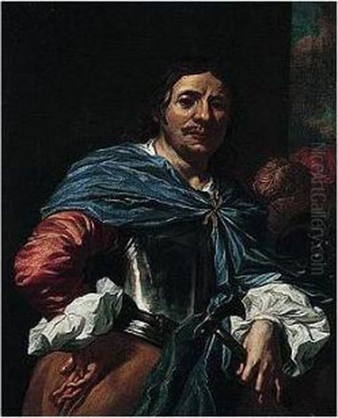 Portrait Of An Officer, Half Length, Holding An Axe In One Hand Oil Painting by Niccolo Renieri (see Regnier, Nicolas)