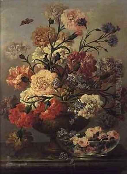 Carnations and forget me nots with roses in a glass bowl Oil Painting by Johann Baptist Drechsler