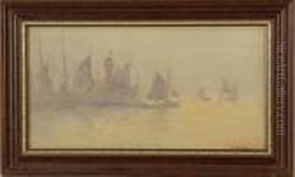 Tonalist Harbor Scene With Lighthouse Oil Painting by Frank Knox Morton Rehn