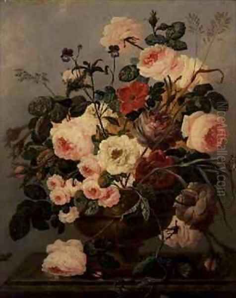 Roses carnations convulvuli and other flowers in a vase on a ledge Oil Painting by Johann Baptist Drechsler