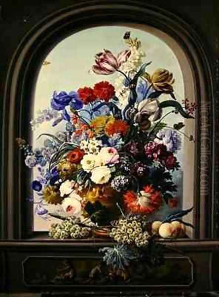 Still life of a niche with flowers Oil Painting by Johann Baptist Drechsler