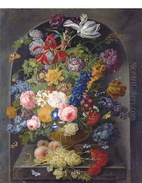 Roses, carnations, tulips and other flowers in a gold sculpted urn with peaches and grapes on a stone ledge with butterflies, in a niche Oil Painting by Johann Baptist Drechsler