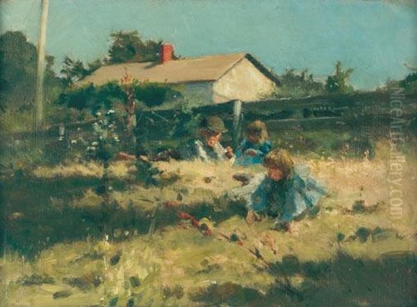 Children Picking Flowers Oil Painting by George Agnew Reid