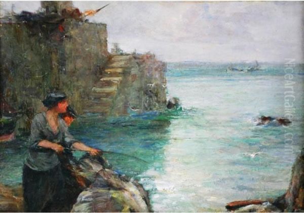 Woman Fishing From A Harbour Wall Oil Painting by John Robertson Reid