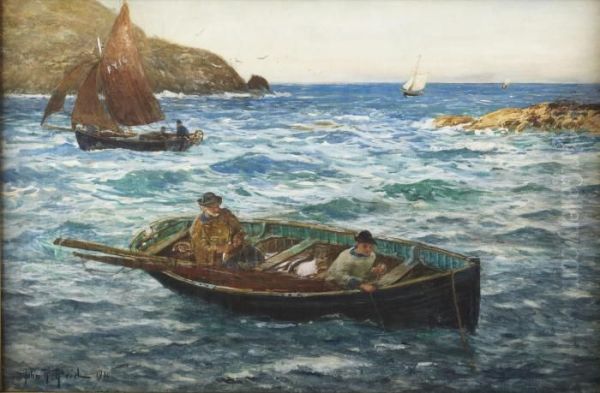 Fishing Boats Off Polperro Oil Painting by John Robertson Reid