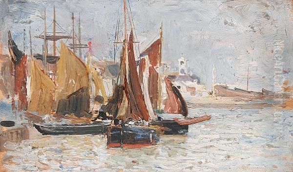 Three Views Of Ramsgate Harbour And Beach Oil Painting by John Robertson Reid