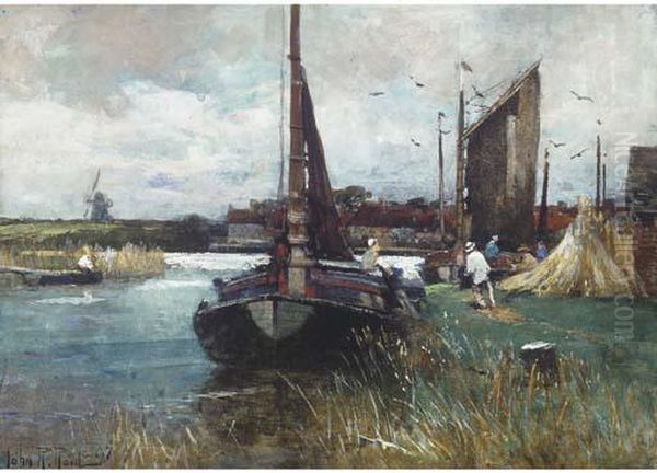 Figures By A Dutch Canal Oil Painting by John Robertson Reid