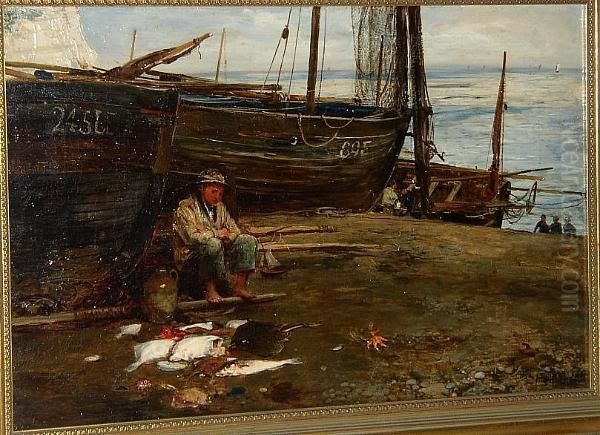 A Young Fisherman By The Boats Oil Painting by John Robertson Reid