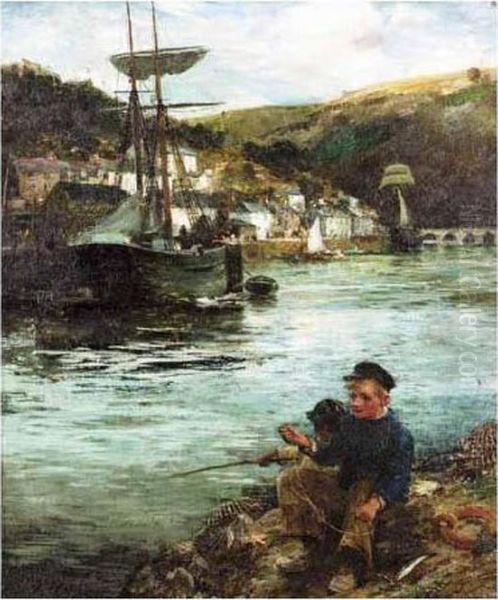 Boys Fishing In Looe Harbour Oil Painting by John Robertson Reid