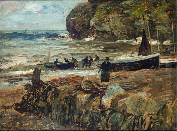 Hauling In The Boats Oil Painting by John Robertson Reid