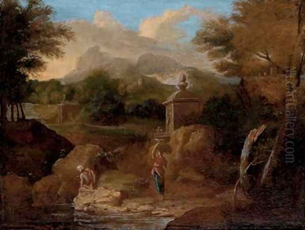 A classical wooded river landscape, with figures conversing on a track Oil Painting by Gaspard Dughet