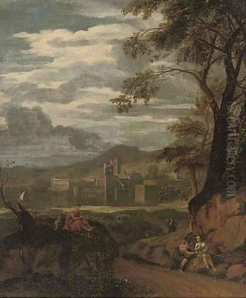 A river landscape with a flute player and other figures resting, a town beyond Oil Painting by Gaspard Dughet