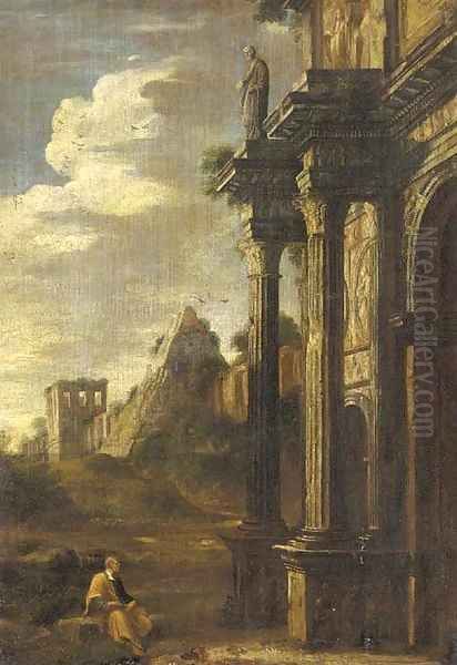 A capriccio of an artist sketching at the base of the Arch of Titus, the Pyramid of Cestus beyond Oil Painting by Gaspard Dughet