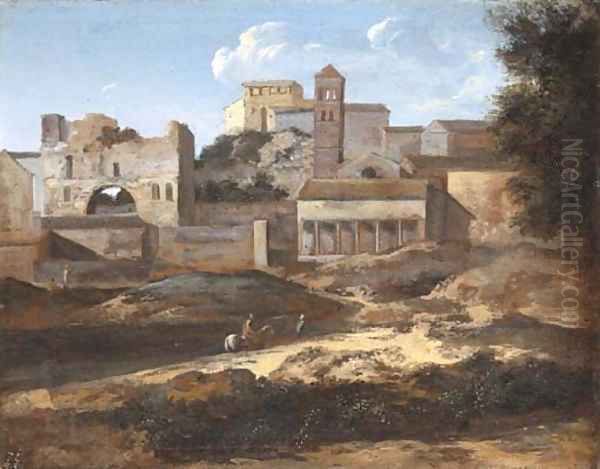 A capriccio view of classical buildings Oil Painting by Gaspard Dughet