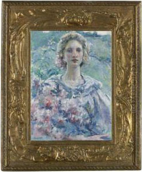 Girl With Flowers Oil Painting by Robert Reid