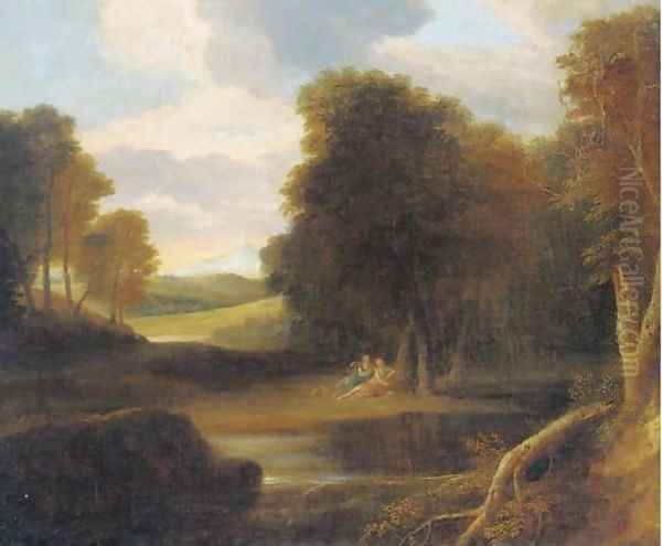 A classical landscape with nymphs reclining by a tree Oil Painting by Gaspard Dughet