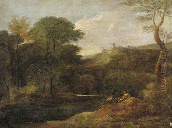 A river landscape with figures by a stream, a hilltop fort beyond Oil Painting by Gaspard Dughet