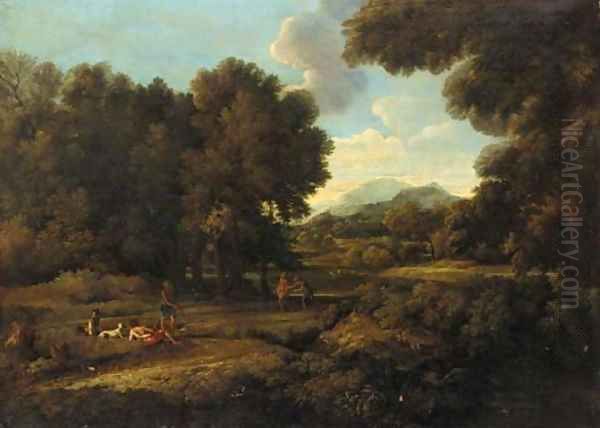 A wooded landscaoe with figures by a lake Oil Painting by Gaspard Dughet