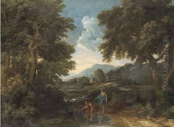 A wooded landscape with classical figures by a river Oil Painting by Gaspard Dughet